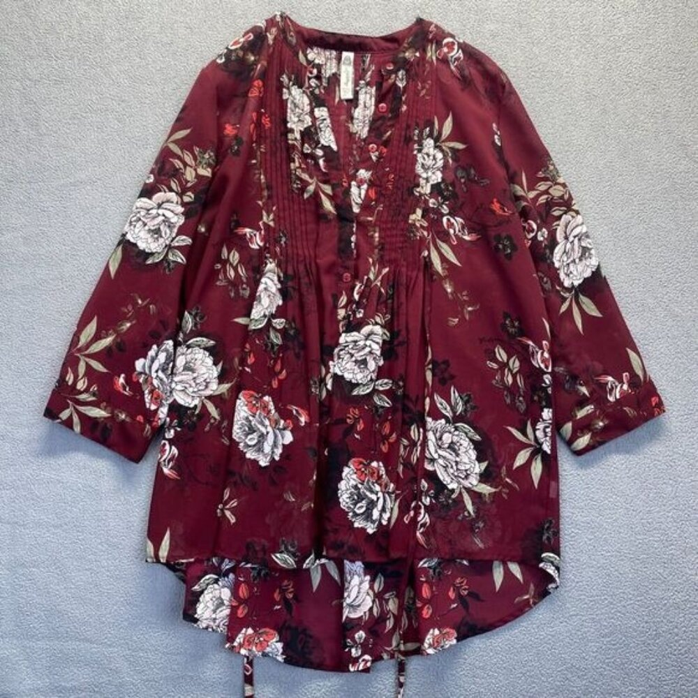 American Rag Tunic Blouse Top Womens Large  Red/Brown Floral Pattern 3/4 Sleeve